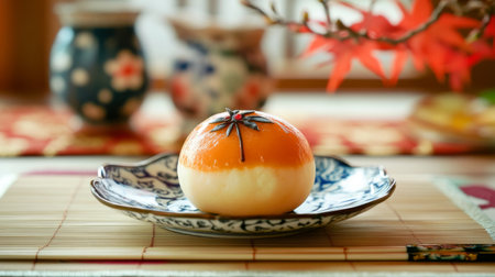 A beautifully presented traditional Japanese dessert on a decorative plate, capturing the essence of seasonal flavors and cultural elegance. Perfect for culinary showcases.の素材