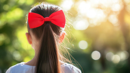 A charming image of a girl with a vibrant red bow in her hair, captured from the back, enjoying a sunny outdoor setting surrounded by greenery.の素材