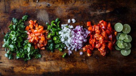 Vibrant chopped vegetables including cilantro, tomatoes, and lime arranged artistically on a rustic wooden board, perfect for healthy meal preparations.の素材