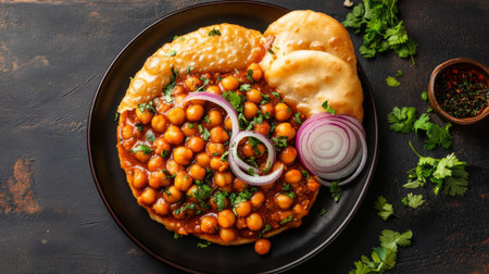 A vibrant plate featuring chickpeas in a rich sauce, garnished with fresh herbs and served with crispy flatbread, ideal for a delicious meal.の素材