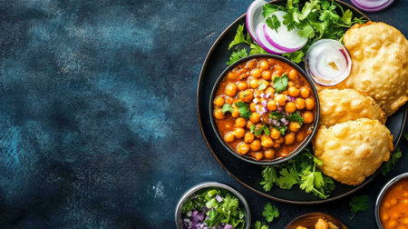 A vibrant plate featuring Indian chickpea curry garnished with fresh herbs and served with crispy breads. Perfect for showcasing colorful culinary art.の素材