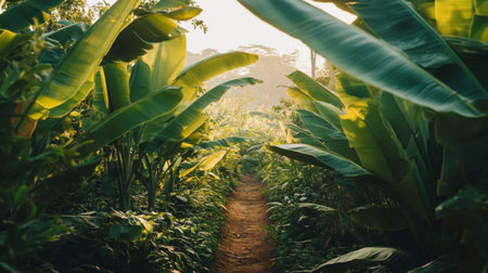 A serene tropical pathway surrounded by lush green foliage, bathed in warm sunlight. Perfect for nature lovers and outdoor enthusiasts seeking tranquility.の素材