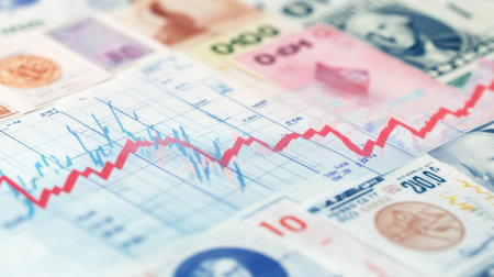 Close-up view of diverse currency notes and financial graphs illustrating market trends. Suitable for concepts related to finance, investment, and economic analysis.の素材