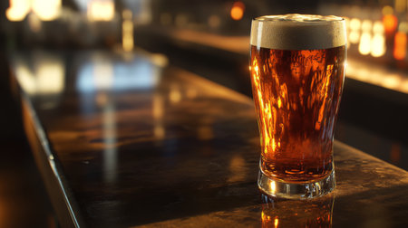A close-up shot of a glass of amber beer standing on a bar counter, illuminated by warm lighting. Ideal for themes of relaxation, social gatherings, and beverage enjoyment.の素材