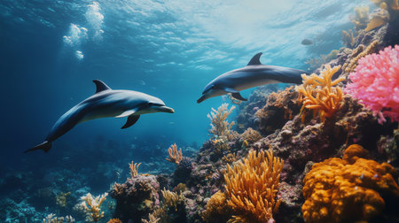 Two dolphins glide gracefully through a vibrant coral reef, showcasing the beauty of marine life in a serene underwater landscape filled with colorful corals.の素材
