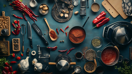 A top-down view of a vibrant kitchen setup featuring various spices, herbs, utensils, and fresh ingredients arranged artfully for culinary preparation.の素材