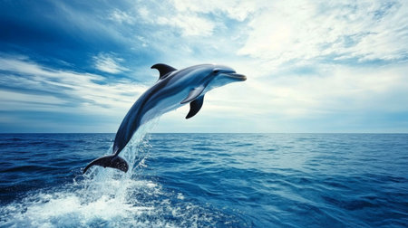 A stunning dolphin leaps gracefully from the ocean surface, splashing water against a backdrop of a serene blue sky with soft clouds, showcasing the beauty of marine wildlife.の素材