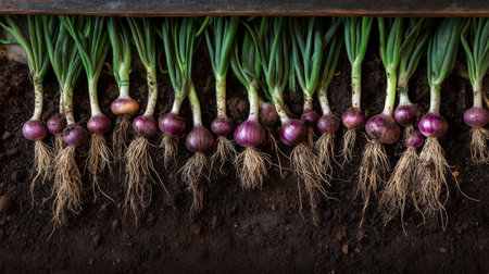Freshly harvested onions with vibrant green tops emerge from dark soil, showcasing their roots. Perfect for agriculture, gardening, and culinary themes.の素材