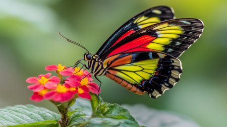 A close-up image of a brightly colored butterfly feeding on a vibrant flower, showcasing the beauty of nature's colors and intricate details. Perfect for nature lovers.の素材