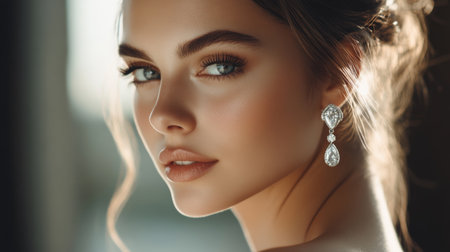 A captivating close-up portrait of a woman showcasing exquisite earrings. The soft light enhances her flawless skin and natural beauty, creating a serene atmosphere.の素材