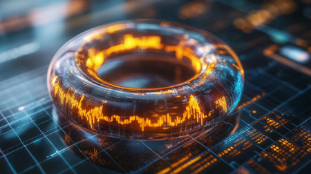 This vibrant 3D design features a circular data visualization illuminated with bright light patterns, suggesting modern technology and innovative analytics.の素材