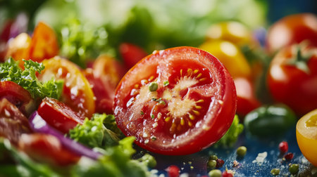 Close-up of fresh tomato slices on a vibrant salad background, highlighting colorful vegetables and ingredients perfect for a healthy meal or gourmet dish.の素材