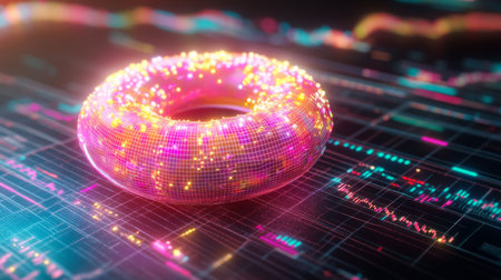 A vibrant 3D donut shape glowing with colorful lights, set against a backdrop of data visualization. Perfect for tech and digital design themes.の素材