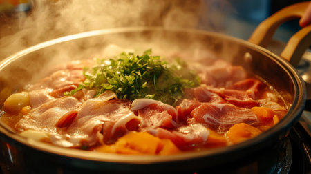 A vibrant scene of fresh ingredients simmering in a steaming hot pot, showcasing the rich flavors and aromas of a delicious meal being prepared at home.の素材