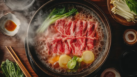 A steaming bowl of hot pot featuring tender beef, vibrant vegetables, and flavorful broth, perfect for a cozy meal with family and friends.の素材