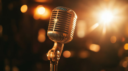 A classic microphone stands alone in a soft focus environment, illuminated by warm light. Perfect for themes of music, performance, and creativity.の素材