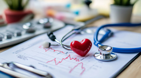 A vibrant image featuring a stethoscope, a heart symbol, and a medical chart, capturing the essence of health monitoring and patient care in a clinical setting.の素材