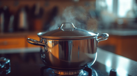 A sleek pot on a modern kitchen stove emits steam, showcasing the art of cooking. The warm atmosphere invites culinary creativity and comfort.の素材