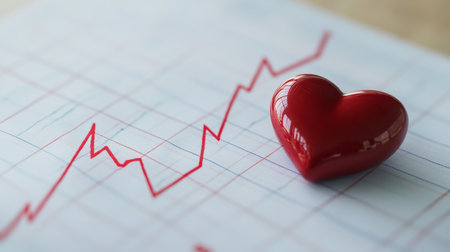 A striking red heart symbol rests on a financial chart showcasing a rising trend. This image beautifully merges concepts of love and financial growth, representing success and passion.の素材