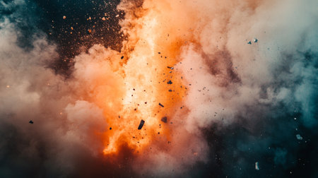 A stunning depiction of a dramatic explosion featuring bright orange flames and swirling smoke clouds, capturing the power and intensity of the event.の素材