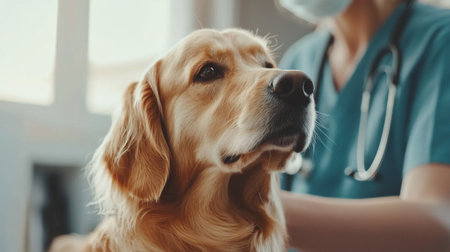 A golden retriever receiving tender care from a veterinarian in a clinic. The attentive atmosphere showcases the bond between pets and their health professionals.の素材