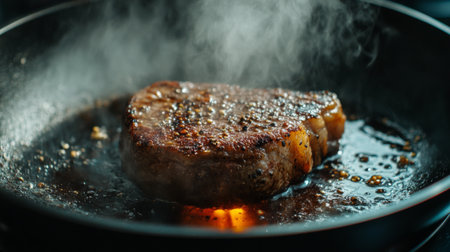 A juicy steak sizzles in a frying pan, releasing steam and savory aromas. Perfect for showcasing cooking techniques and delicious meal preparation.の素材