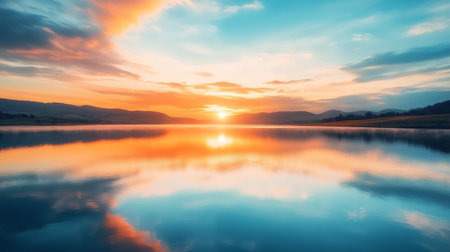 A stunning sunset casting vibrant colors over a serene lake, creating a beautiful reflection. Perfect for nature lovers seeking tranquility and breathtaking views.の素材