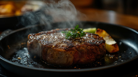 A mouthwatering grilled steak served on a black plate, garnished with herbs and a slice of lemon. The smoky aroma and sizzling texture invite an unforgettable dining experience.の素材