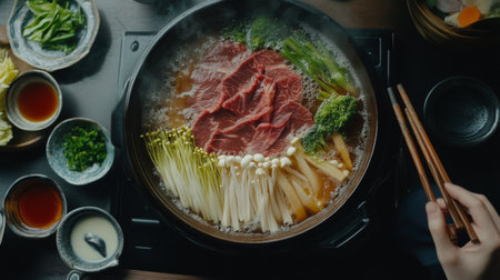 A top view of a delicious hot pot with fresh beef and vegetables. Steam rises from the flavorful broth, creating a warm and inviting dining experience. Perfect for family gatherings.の素材
