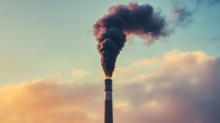 A tall industrial chimney releasing thick smoke against a colorful sky at sunrise. This image highlights environmental issues related to air pollution and industry.の素材
