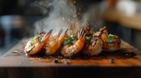 Sizzling grilled shrimp garnished with fresh herbs and spices, showcasing vibrant colors and appetizing textures, perfect for culinary delights.の素材