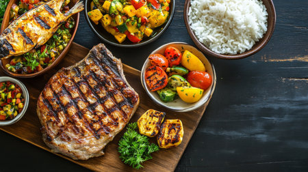 A beautifully arranged wooden platter featuring grilled meat, fresh vegetables, and rice, perfect for a summer cookout or a gourmet dinner experience.の素材