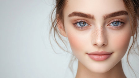 Stunning portrait of a young woman showcasing natural beauty with freckles and a serene expression. The soft lighting emphasizes her glowing skin and captivating eyes.の素材