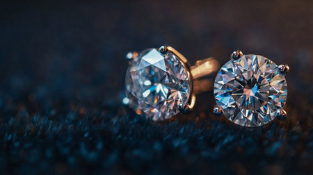 Two elegant diamonds captured in a dramatic lighting setting, showcasing their exquisite cut and brilliant sparkle. Perfect for themes of luxury and celebration.の素材