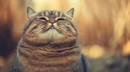 A relaxed domestic cat sits contentedly in nature, showcasing its charming expression and soft fur. The warm sunlight creates a peaceful ambiance.の素材