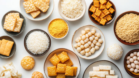 A vibrant assortment of various grains and snacks arranged in bowls on a white background, showcasing culinary diversity and appealing textures.の素材
