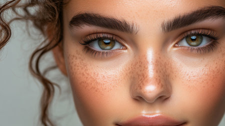 This close-up portrait showcases a young woman's beautiful face highlighting her freckles and captivating eyes, reflecting natural beauty and elegance.の素材