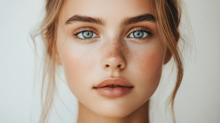 A captivating portrait of a young woman with blue eyes and freckles, exuding natural beauty and serenity. Perfect for beauty or lifestyle themes.の素材