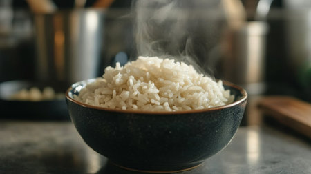 A steaming bowl of freshly cooked rice, showcasing its fluffy texture and inviting aroma, perfect for various meals in a warm kitchen setting.の素材