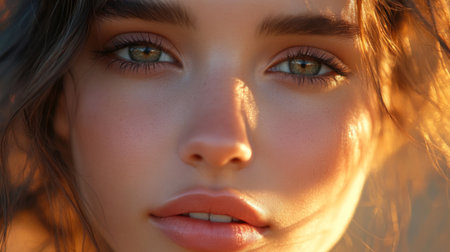 A stunning close-up portrait of a young woman showcasing her captivating eyes and glowing skin. Perfect for beauty and lifestyle themes.の素材