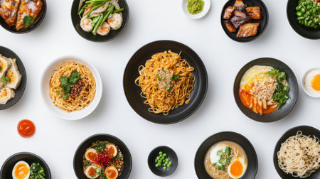A vibrant arrangement of various Asian dishes showcasing noodles, sushi, and garnishes. Perfect for depicting culinary delights and diverse flavors.の素材