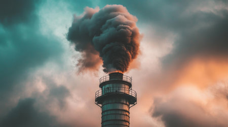 A towering smoke stack emits dark plumes into a moody sky, highlighting the industrial impact on the environment. The contrast evokes thoughts on pollution and sustainability.の素材