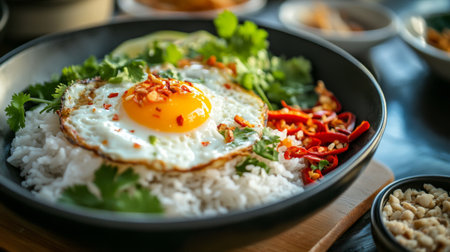 A vibrant rice bowl topped with a fried egg, fresh herbs, and sliced chili, perfect for any meal of the day. Enjoy this flavorful dish!の素材