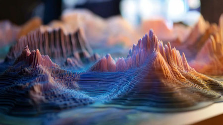 This vibrant 3D terrain model showcases colorful peaks and intricate textures, perfect for abstract art and landscape visuals in creative projects.の素材