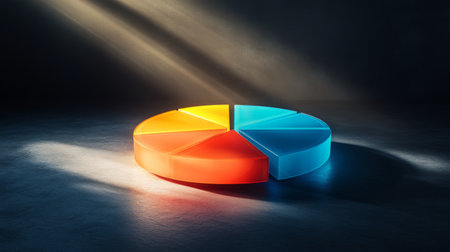 This vibrant pie chart features slices in orange and blue, casting dramatic shadows. Ideal for themes of data analysis, business growth, and modern design.の素材