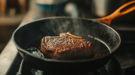 A juicy steak sizzling in a frying pan, surrounded by steam. This image captures a moment of cooking, highlighting the deliciousness of meat. Perfect for culinary-themed projects.の素材