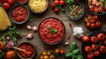 A vibrant arrangement of fresh ingredients showcases the essence of homemade Italian cuisine, featuring ripe tomatoes, fragrant basil, and pasta on a rustic wooden table.の素材