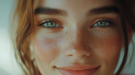 A close-up portrait of a young woman showcasing her bright eyes and freckles. Her warm smile reflects confidence and natural beauty. Perfect for lifestyle themes.の素材