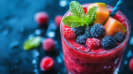Indulge in a vibrant berry smoothie topped with fresh mint and fruits, perfect for a refreshing drink on a warm day or a healthy snack choice.の素材