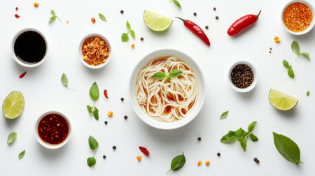 Experience a vibrant arrangement of noodles surrounded by fresh ingredients, spices, and garnishes, perfect for showcasing delicious culinary creations.の素材